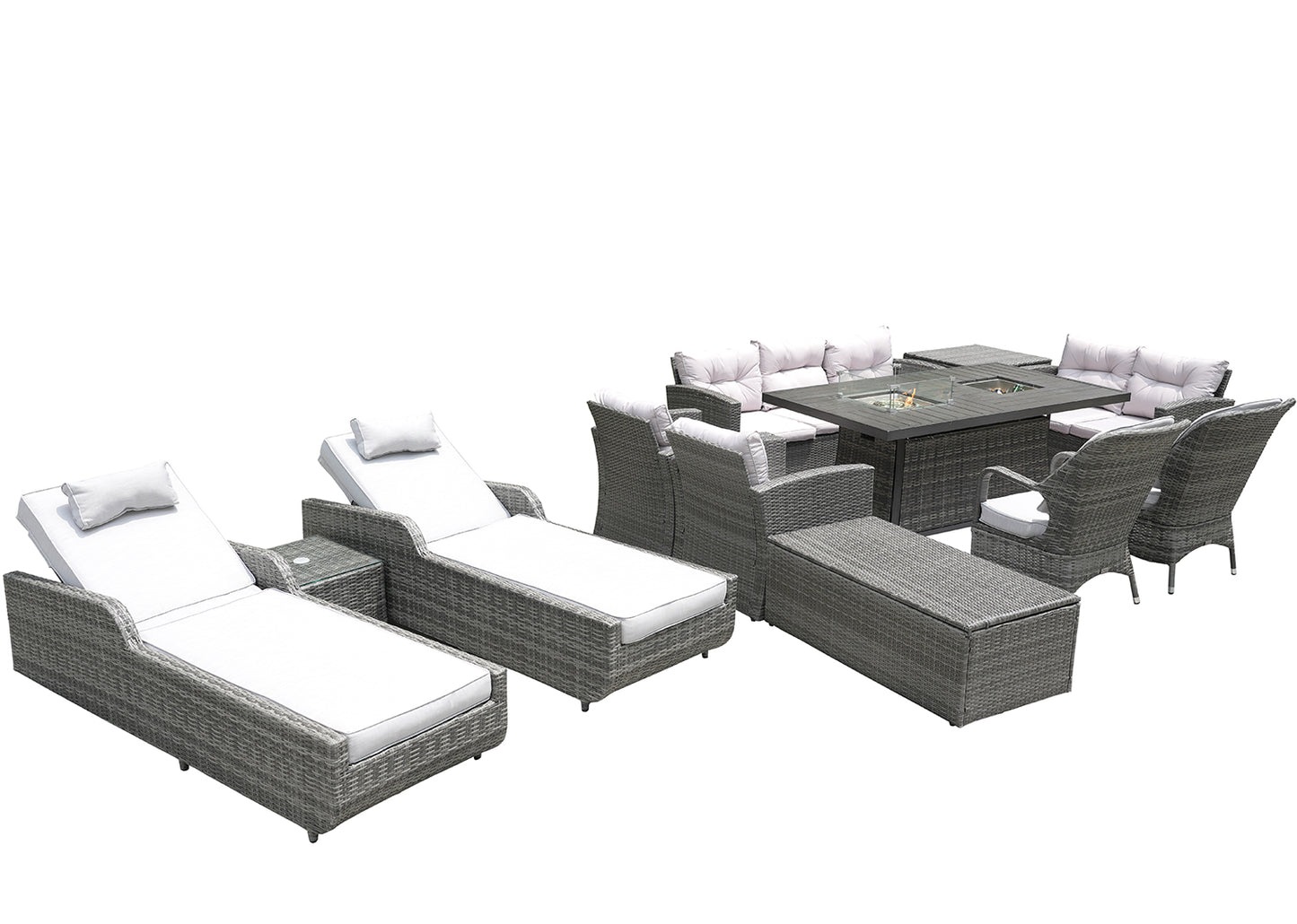 HomeRoots Twelve Piece Outdoor Gray Wicker Multiple Chairs Seating Group Fire Pit Included with White Cushions