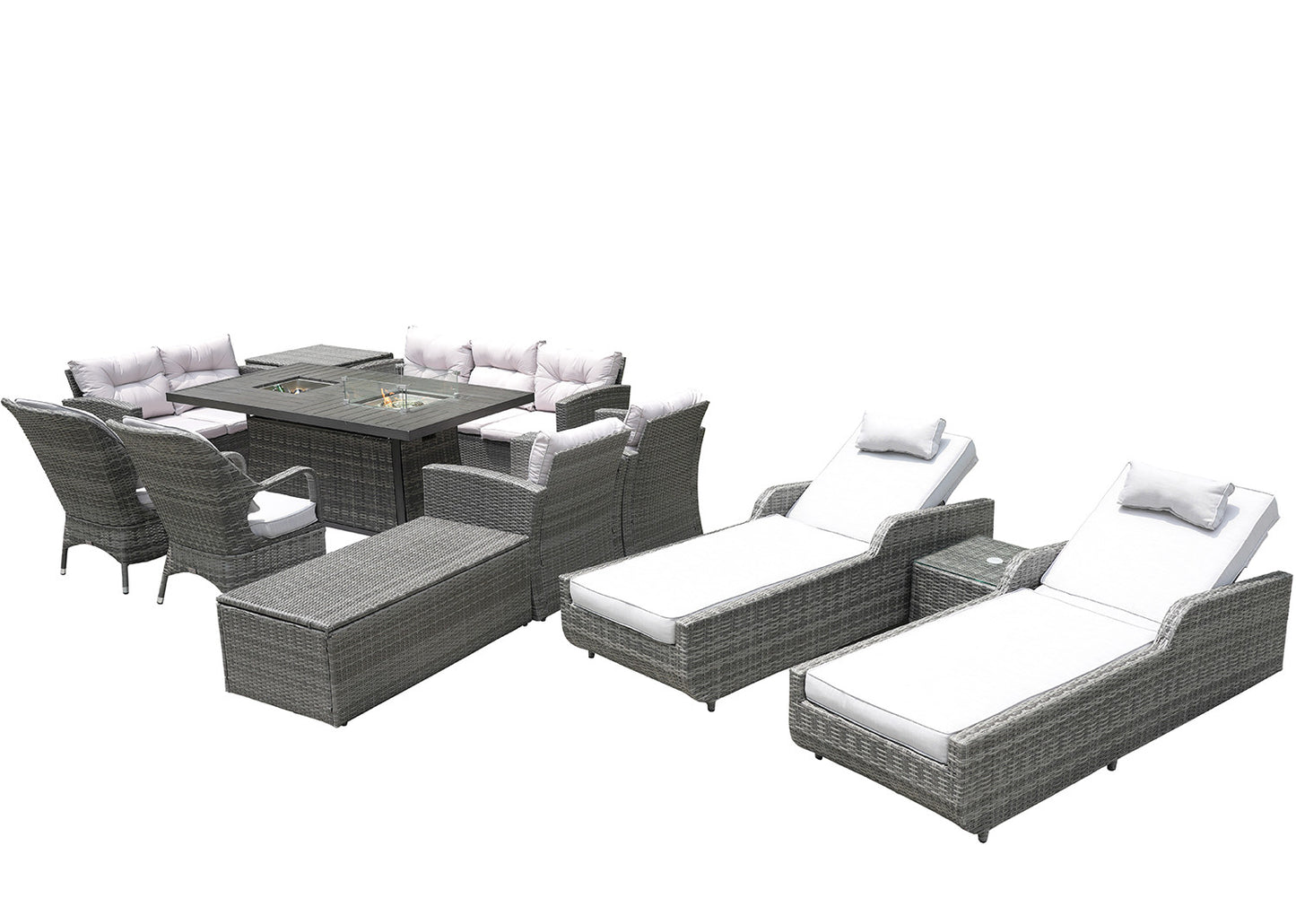 HomeRoots Twelve Piece Outdoor Gray Wicker Multiple Chairs Seating Group Fire Pit Included with White Cushions