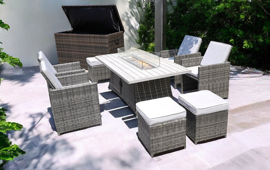 HomeRoots Ten Piece Outdoor Gray Wicker Multiple Chairs Seating Group Fire Pit Included with White Cushions