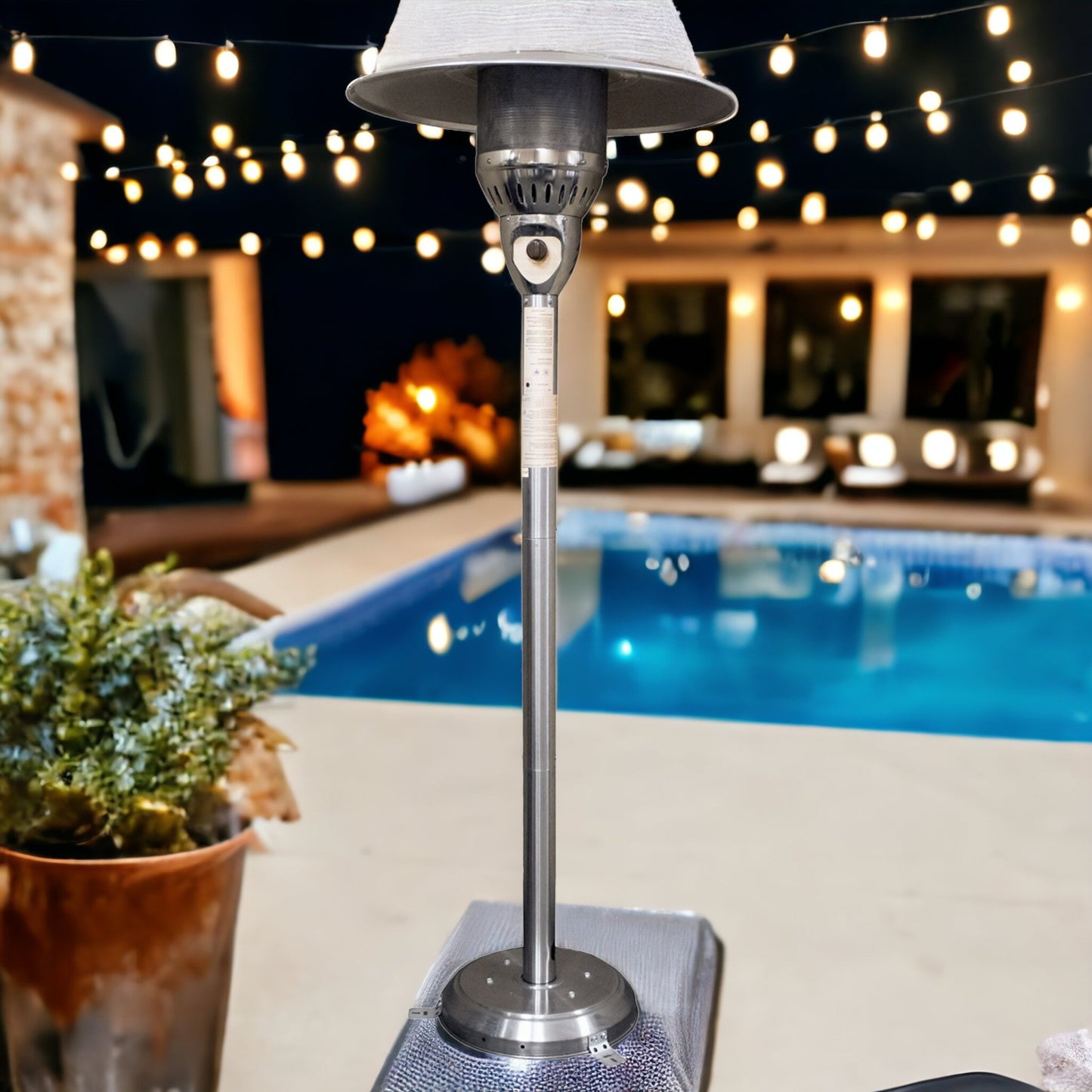 HomeRoots 41000 BTU Silver Steel Natural Gas Cylindrical Pole Standing Patio Heater