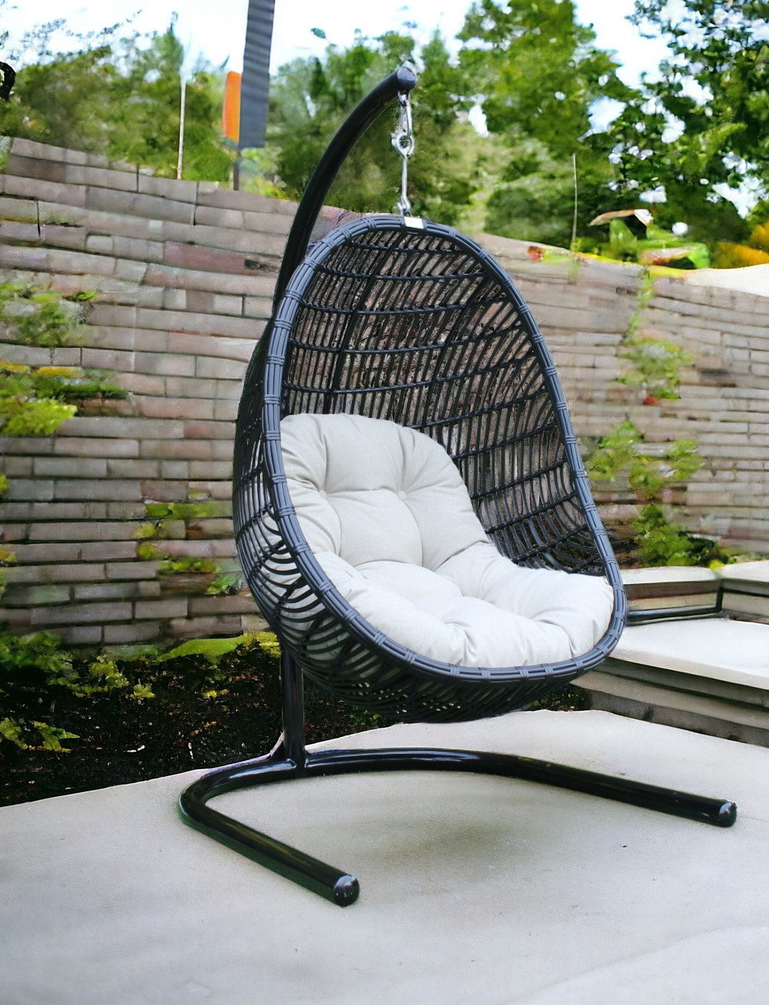 HomeRoots 43" Beige Aluminum Outdoor Swing Chair with Beige Cushion