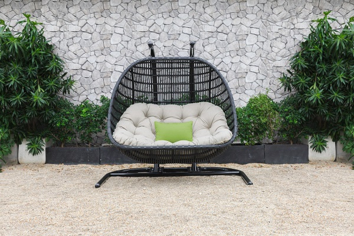 HomeRoots 69" Beige and Black Aluminum Indoor Outdoor Swing Chair with Beige Cushion