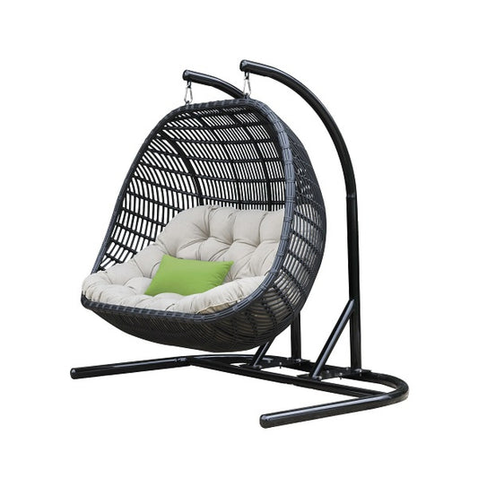 HomeRoots 69" Beige and Black Aluminum Indoor Outdoor Swing Chair with Beige Cushion