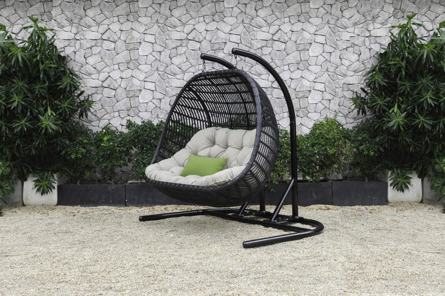 HomeRoots 69" Beige and Black Aluminum Indoor Outdoor Swing Chair with Beige Cushion