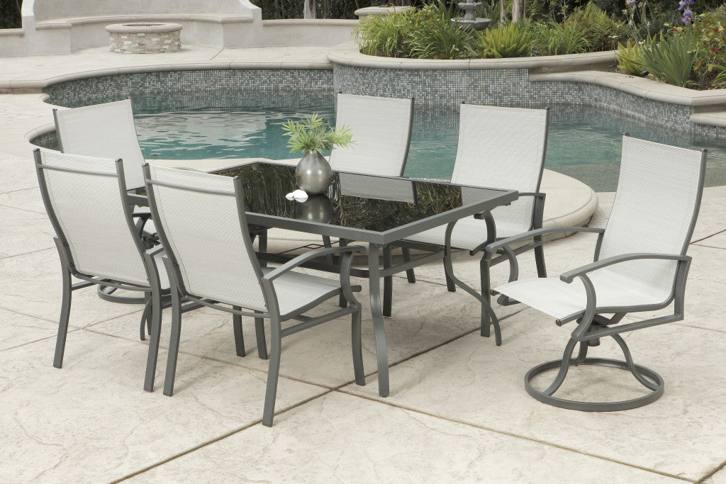 HomeRoots Seven Piece Black and Gray Rectangular Glass Dining Set with Six Chairs