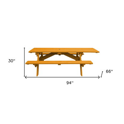 HomeRoots Natural Solid Wood Outdoor Picnic Table Umbrella Hole