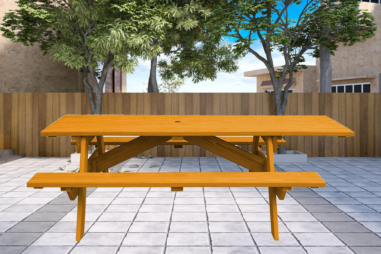 HomeRoots Natural Solid Wood Outdoor Picnic Table Umbrella Hole