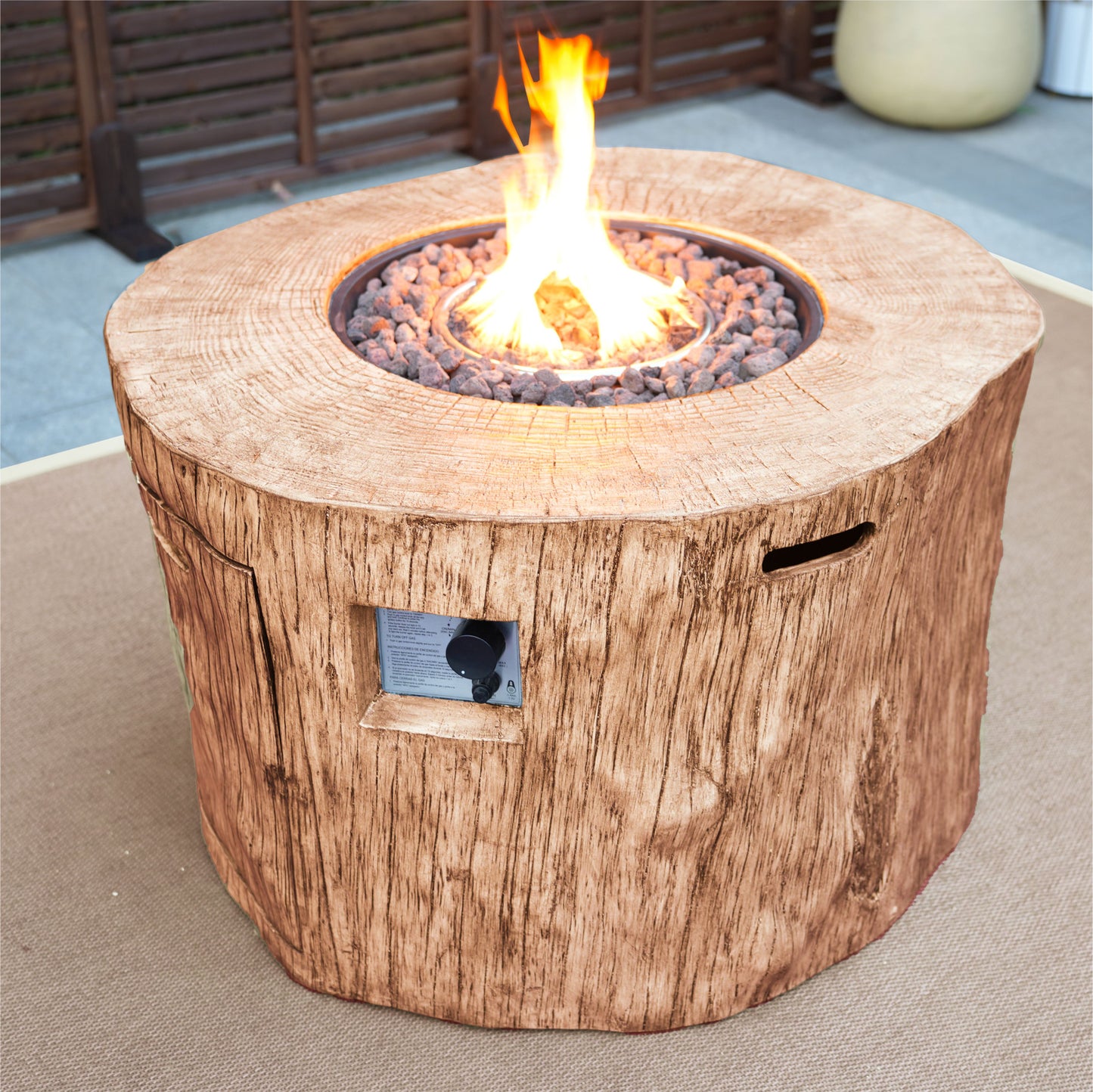 HomeRoots 37" Brown Faux Wood Stump Propane Round Fire pit With Cover