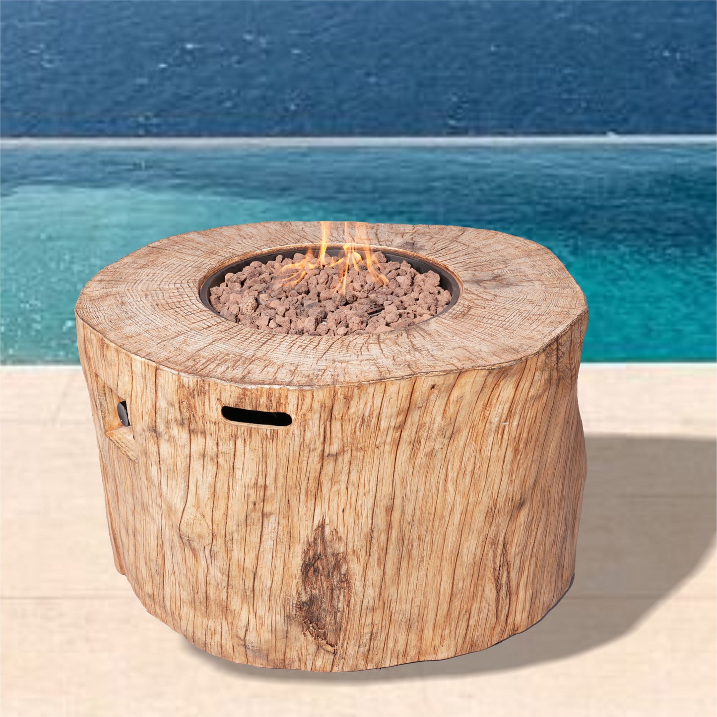 HomeRoots 37" Brown Faux Wood Stump Propane Round Fire pit With Cover