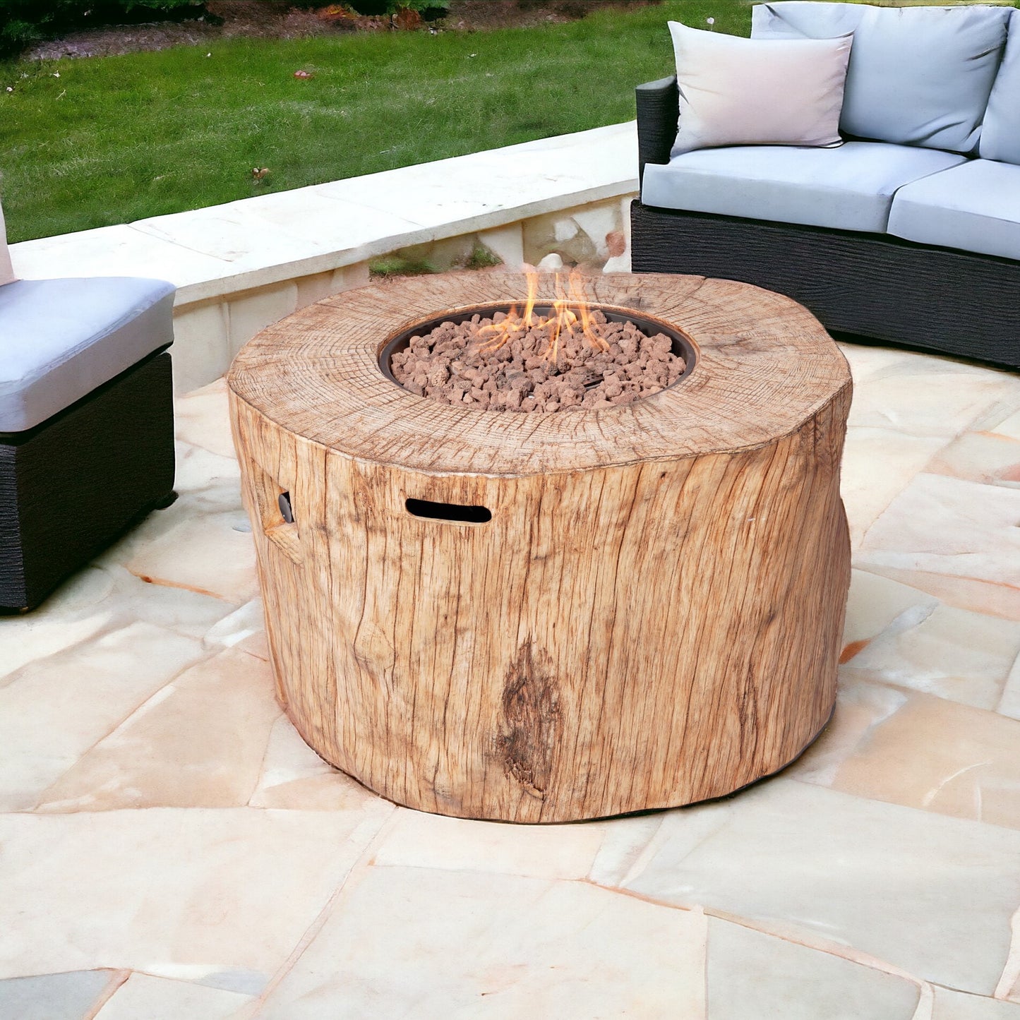 HomeRoots 37" Brown Faux Wood Stump Propane Round Fire pit With Cover