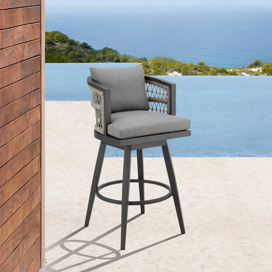 HomeRoots  37" Gray Metal Swivel Outdoor Counter Height Bar chair with Footrest