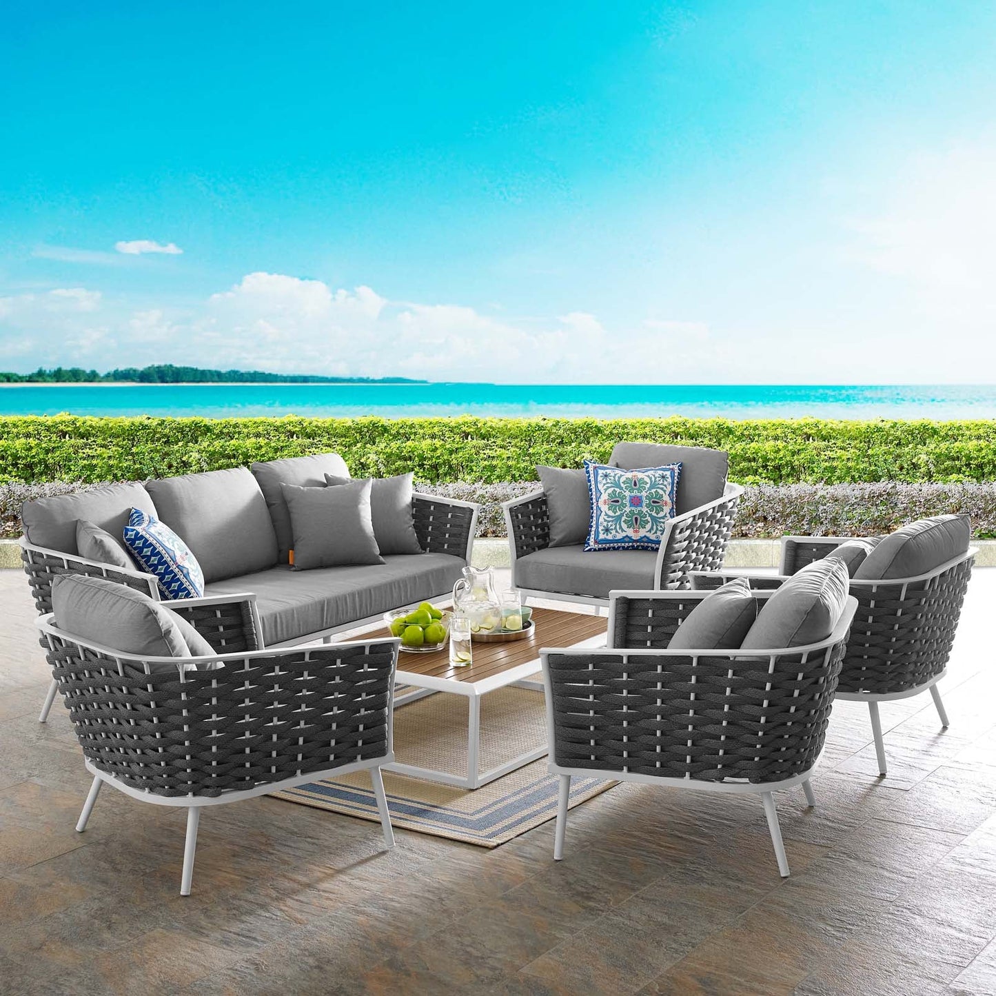 Modway Stance 6 Piece Outdoor Patio Aluminum Sectional Sofa Set in Gray White