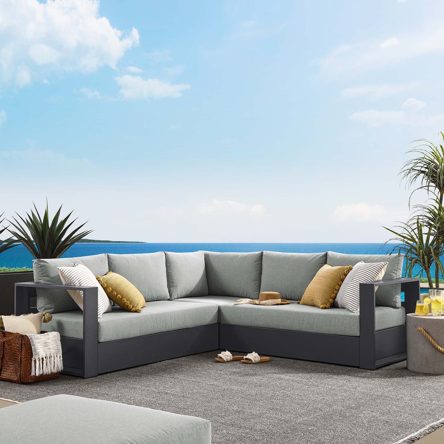 Modway Tahoe 3-Piece Outdoor Patio Powder-Coated Aluminum Sectional Sofa Set