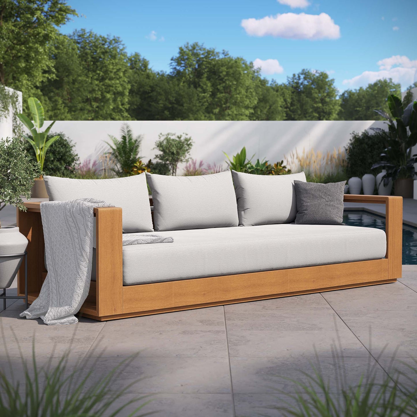 Modway Tahoe Outdoor Patio Acacia Wood Sofa in Natural Light Gray