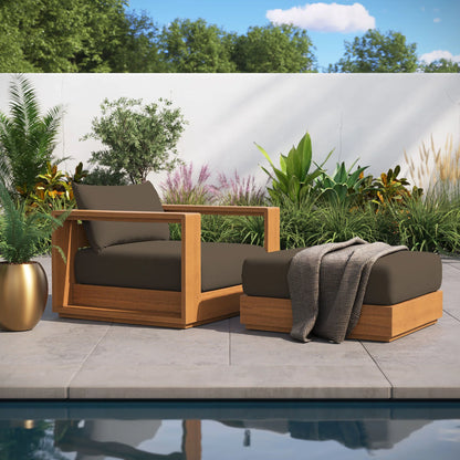 Modway Tahoe 2-Piece Outdoor Patio Acacia Wood Armchair and Ottoman Set in Natural Cocoa