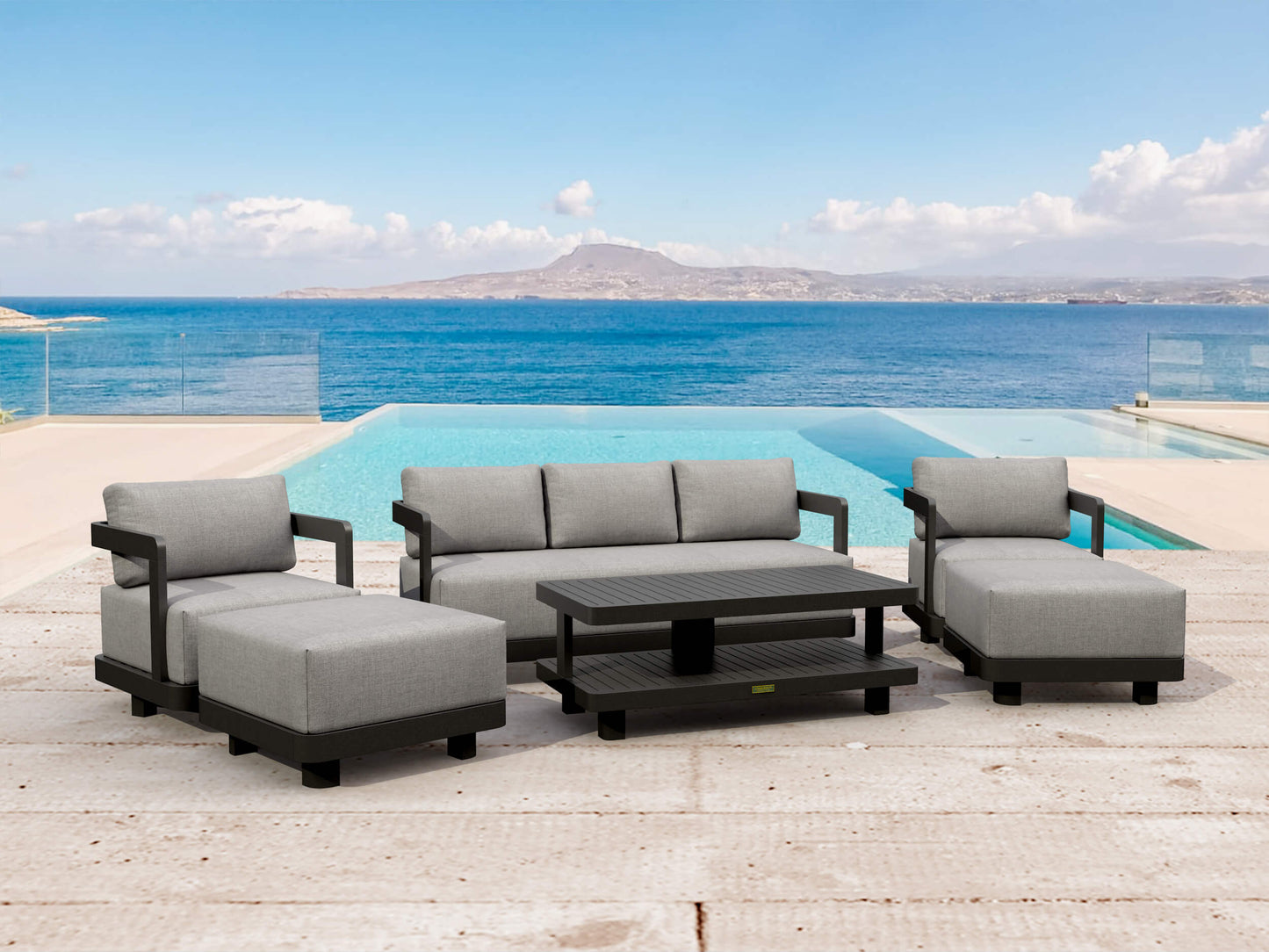 Anderson Teak Granada 6-Piece Deep Seating Set – rust-resistant aluminum patio furniture with plush all-weather cushions, deep seating armchairs, and a stylish coffee table for luxury outdoor lounging.